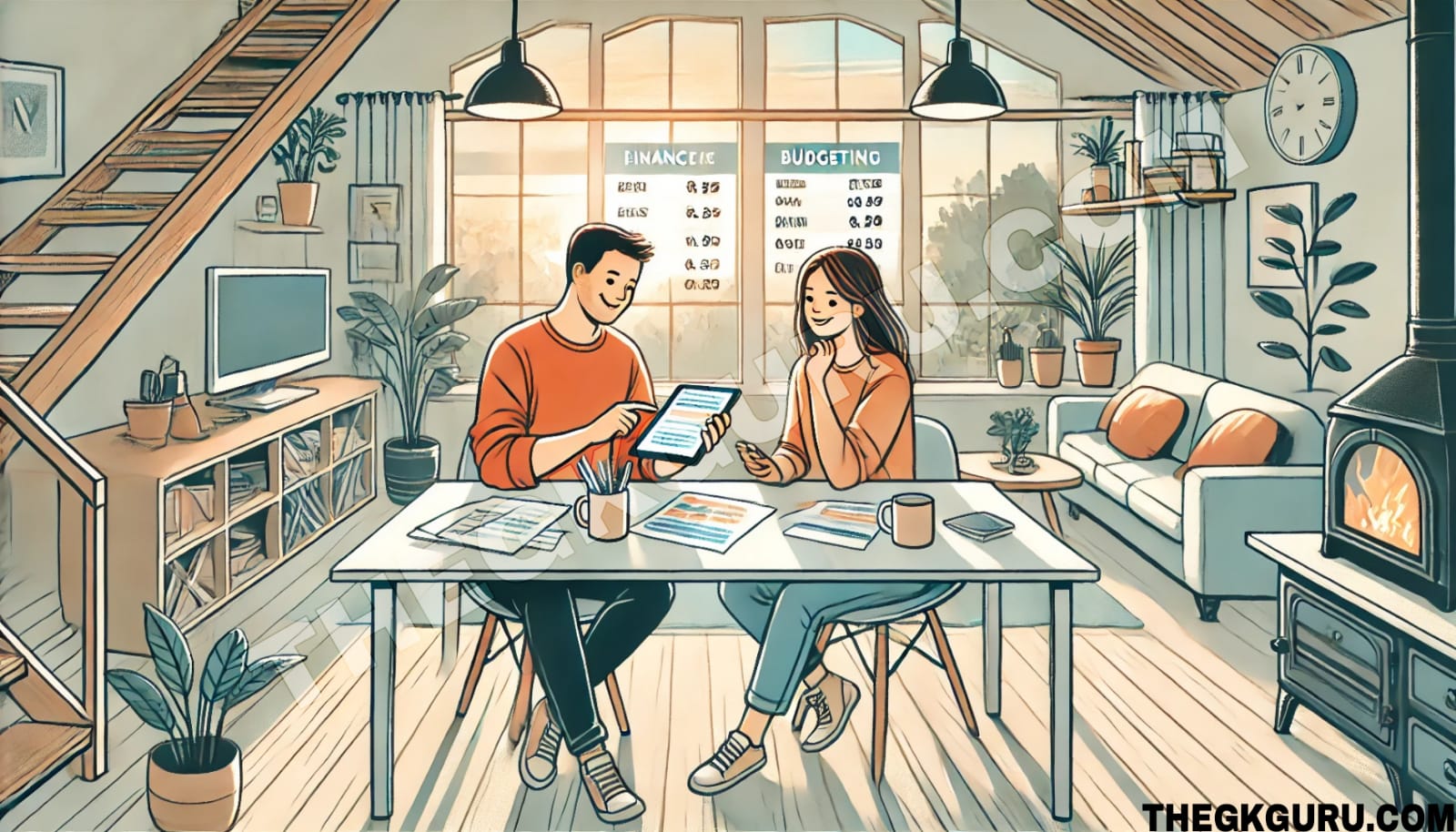 A couple sitting at a table in a cozy living room, reviewing financial and budgeting documents on a tablet, surrounded by plants and modern decor.